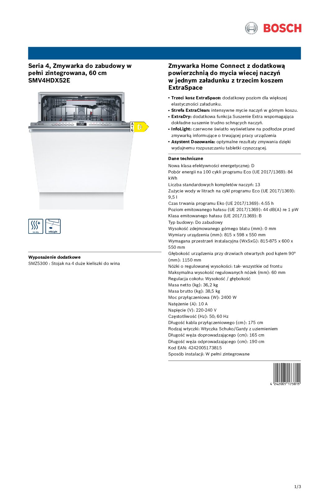 Zmywarka do zabudowy 60cm SMV4HDX52E Bosch - obrazek 2